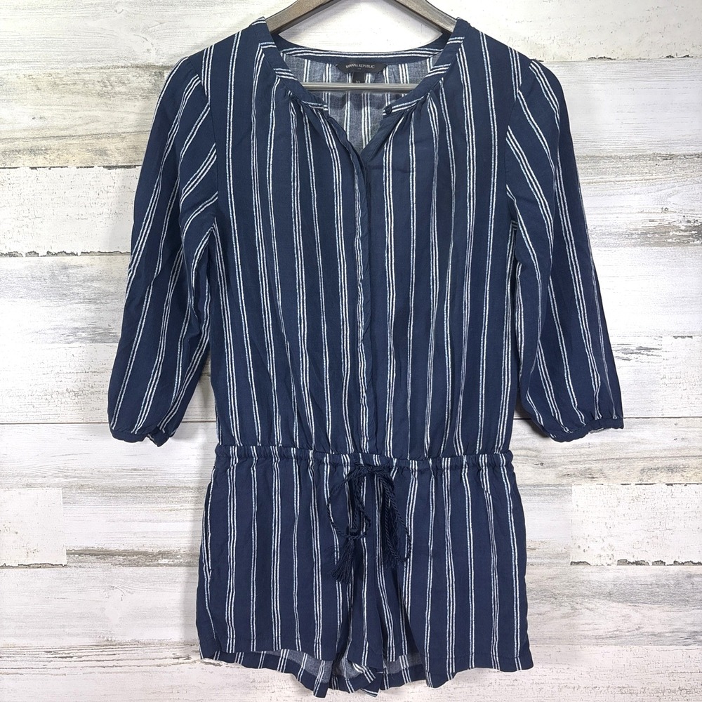 Banana Republic Navy Blue White Striped Drawstring 2" Ins Shorts Romper Size XS
